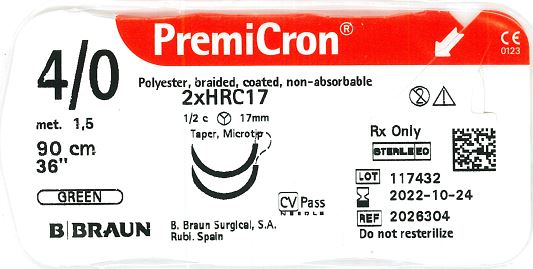 PREMICRON зелений, розмір USP 2/0 (3) довжина 90см 2 колючі голки 1/2 кола, довжина (мм) 26 серцево-судинна, прокладки 6х3 мм жорсткі, пакування RCP